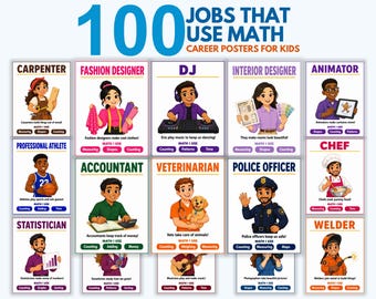 Jobs That Use Math Posters, 100 Career Posters, Real World Math Classroom Decor, Math Bulletin Board, K-3 Career Day Printable PDF