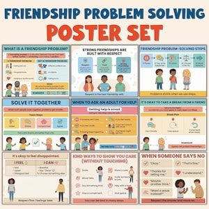 Może przedstawiać: Kolorowy zestaw plakatów zatytułowany "Rozwiązywanie problemów w przyjaźni". Zestaw zawiera wiele edukacyjnych plakatów z tekstem i ilustracjami na temat przyjaźni, rozwiązywania konfliktów i regulacji emocji. Plakaty są przeznaczone dla dzieci.