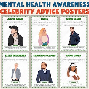 Pode incluir: Um conjunto de cartazes de conscientização sobre saúde mental com conselhos de celebridades. Os cartazes apresentam retratos de Justin Bieber, Kesha, Chris Evans, Ellen DeGeneres, Leonardo DiCaprio e Naomi Osaka, com conselhos.