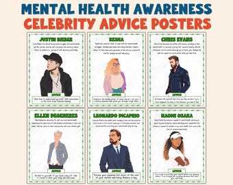 Carteles con consejos sobre salud mental, citas de famosos, decoración para aulas, imprimibles para tablones de anuncios, descarga digital, recurso para concienciar sobre el bienestar.