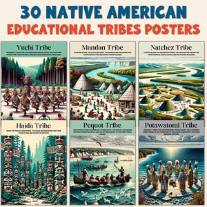 May include: A set of six educational posters featuring illustrations of Native American tribes. The posters include the Yuchi, Mandan, Natchez, Haida, Pequot, and Potawatomi tribes, with the title "30 Native American Educational Tribes Posters" at the top.