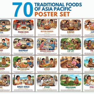 May include: A poster set featuring 70 traditional foods of Asia Pacific. Each poster displays a colorful illustration of a dish, with the dish's name in bold text. Dishes include Kimchi, Peking Duck, Butter Chicken, and more.