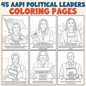 Könnte beinhalten: Eine Malbuchseite mit Porträts von 45 AAPI-Politikern. Der Titel "45 AAPI POLITICAL LEADERS COLORING PAGES" steht oben. Jedes Porträt ist eine Schwarz-Weiß-Strichzeichnung mit dem Namen des Politikers und einer kurzen Beschreibung darunter.