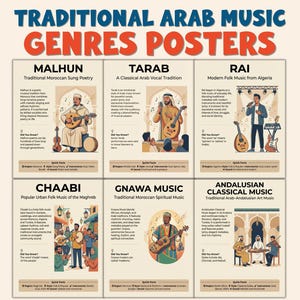 May include: A poster set titled "Traditional Arab Music Genres Posters" featuring six different music genres: Malhun, Tarab, Rai, Chaabi, Gnawa Music, and Andalusian Classical Music. Each poster includes illustrations of musicians and instruments.