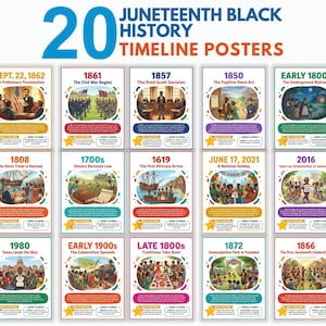 May include: A collection of 20 Juneteenth Black History Timeline Posters. Each poster features a historical event with illustrations and text. The posters are arranged in rows and columns, with a variety of colors and designs.