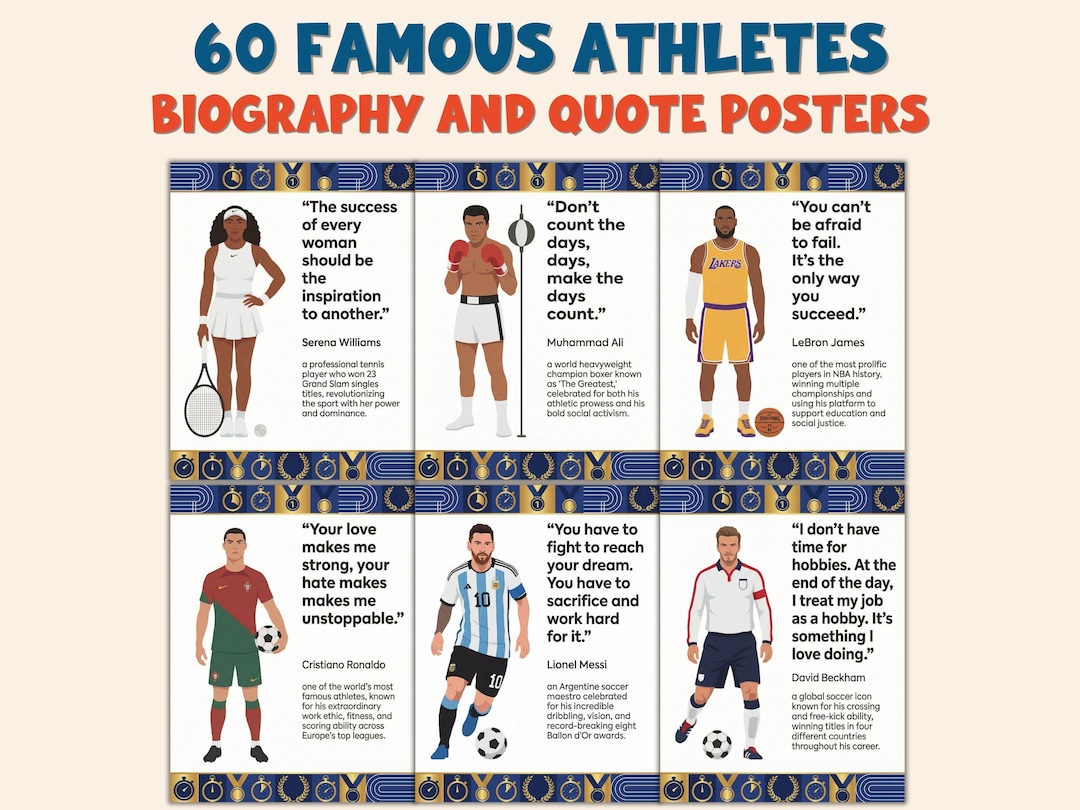 Sports Bio 60 Famous Athletes Posters Biography Quotes Sports Decor Growth Mindset ...