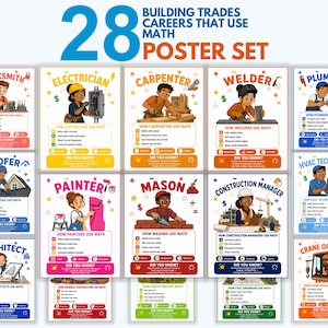 Könnte beinhalten: Ein 28-teiliges pädagogisches Plakatset mit dem Titel 28 Building Trades Careers That Use Math. Jedes Plakat zeigt eine Zeichentrickfigur, die einen Beruf wie Elektriker, Tischler oder Schweißer darstellt, mit Text zur Anwendung von Mathematik im Beruf.