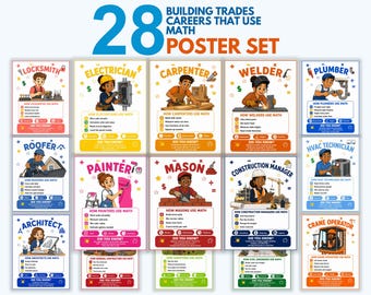 Building Trades Careers That Use Math Posters, Set of 28 Construction Career Day Printable, Math Classroom Decor, CTE Bulletin Board PDF