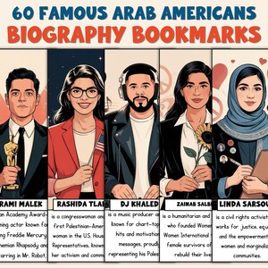 May include: A set of biography bookmarks featuring illustrations of 60 famous Arab Americans. The bookmarks showcase portraits of notable figures like Rami Malek, Rashida Tlaib, and DJ Khaled, with brief biographical text below each image. The title "60 Famous Arab Americans Biography Bookmarks" is at the top.