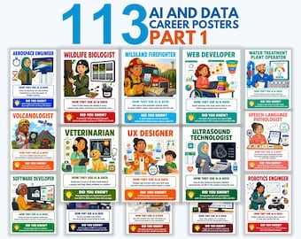 AI Career Posters Part 1, 113 STEM Career Exploration Posters for Kids, Science Tech Health Space Jobs, Classroom Decor, Printable PDF