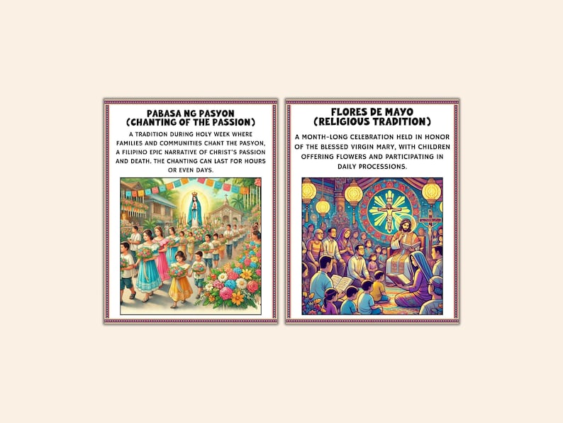 May include: Two framed illustrations depicting Filipino religious traditions. The left image shows a procession with people carrying flowers and a statue. The right image shows a religious ceremony with people gathered around a central figure.