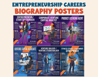 May include: A poster titled "Entrepreneurship Careers Biography Posters" displays six panels detailing various careers. Each panel includes a graphic, job title, career snapshot, tools & tech, work location, job duties, key skills, and a "Did You Know?" section.