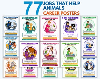 Jobs With Animals Poster Set for Kids, 77 Animal Career Posters, Careers With Animals, Veterinarian Zookeeper Classroom Decor, Printable PDF