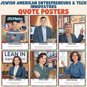 Könnte beinhalten: Ein Plakatsatz mit Illustrationen jüdisch-amerikanischer Unternehmer und Tech-Innovatoren. Die Poster zeigen Mark Zuckerberg, Michael Dell, Larry Page, Sheryl Sandberg, Estée Lauder und Radia Perlman, jeweils mit einem Zitat. Der Titel "QUOTE POSTERS" ist zu sehen.