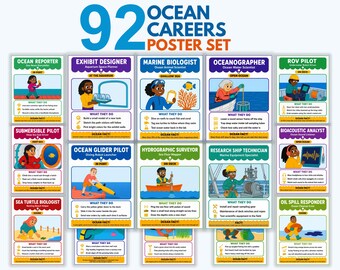 Ocean Careers Posters Set of 92, Marine Jobs Poster Set for Kids, Ocean Unit Classroom Decor, Career Day Bulletin Board, Printable PDF
