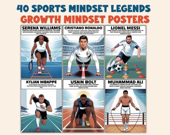 40 leyendas de la mentalidad deportiva: carteles para el aula sobre mentalidad de crecimiento, arte mural motivacional, citas de atletas, decoración del aula, SEL, descarga instantánea.