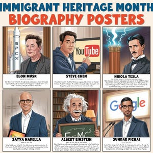 May include: A poster series for Immigrant Heritage Month featuring biographies of Elon Musk, Steve Chen, Nikola Tesla, Satya Nadella, Albert Einstein, and Sundar Pichai. Each portrait is accompanied by a brief description.