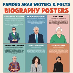 Könnte beinhalten: Ein Poster mit dem Titel "FAMOUS ARAB WRITERS & POETS BIOGRAPHY POSTERS" zeigt Porträts und Biografien von sechs arabischen Schriftstellern und Dichtern. Das Poster enthält die Namen Gibran Khalil Gibran, Mourid Barghouti, Etel Adnan, Mohammed Choukri, Joumana Haddad und Leila Aboulela.
