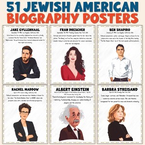May include: A poster featuring six portraits of Jewish American figures, including Jake Gyllenhaal, Fran Drescher, Ben Shapiro, Rachel Maddow, Albert Einstein, and Barbra Streisand. The title reads "51 Jewish American Biography Posters" in bold, colorful text.