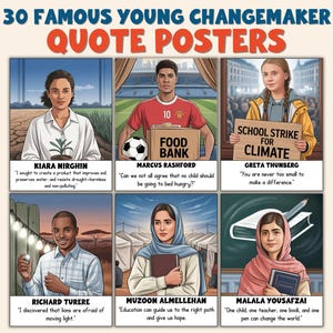 Puede incluir: Un póster con ilustraciones de seis jóvenes agentes de cambio y sus citas. El póster incluye a Kiara Nirghin, Marcus Rashford, Greta Thunberg, Richard Turere, Muzoon Almellehan y Malala Yousafzai. El título en la parte superior dice "30 Famous Young Changemaker Quote Posters."