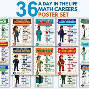 May include: A 36-piece educational poster set titled A Day in the Life Math Careers. Each poster features a cartoon professional, such as a coach, carpenter, nurse, or astronaut, with math problems and fun facts related to their daily work tasks.