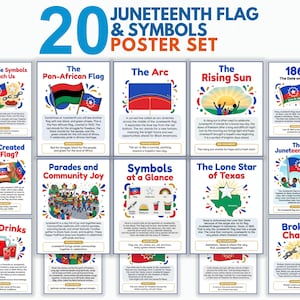 May include: A 20-piece educational poster set titled 20 Juneteenth Flag & Symbols Poster Set. Each poster features colorful illustrations and descriptive text explaining the history and meaning of Juneteenth symbols, including the flag, arc, and chains.