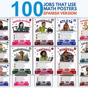 以下が含まれることがあります： 100 Jobs That Use Math Spanish Versionと題された教育用ポスターのコレクション。ミュージシャン、アスリート、消防士など、様々な専門家のカラフルなイラストが描かれており、それぞれに数学の応用方法を説明するテキストが含まれています。
