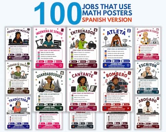 Spanish Math Posters, Carreras que Usan Matematicas, 100 Career Posters for Kids, Bilingual Classroom Decor, Dual Language Printable PDF