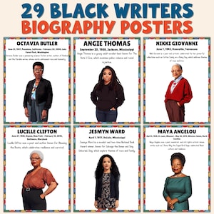Könnte beinhalten: Ein Poster mit sechs Porträts schwarzer Schriftstellerinnen, jeweils gerahmt von einer dekorativen Bordüre. Der Titel "29 Black Writers Biography Posters" steht oben. Jedes Porträt wird vom Namen der Schriftstellerin und biografischen Details begleitet.