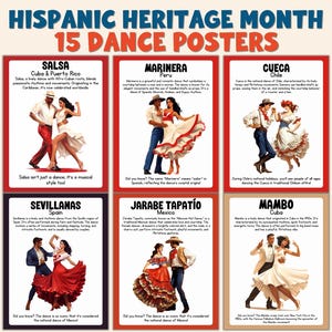Op de afbeelding: Een set van 15 dansposters voor de Hispanic Heritage Month. Elke poster toont een andere dansstijl, de oorsprong en een beschrijving. De posters bevatten kleurrijke illustraties van dansers in traditionele klederdracht.