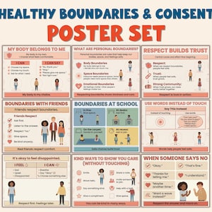 May include: A poster set titled "Healthy Boundaries & Consent" with various sections on personal boundaries, respect, and consent. The posters feature illustrations and text, including "My Body Belongs to Me" and "Respect Builds Trust."