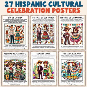 Puede incluir: Un conjunto de 27 carteles de celebraciones culturales hispanas. Cada cartel presenta ilustraciones coloridas de personas con trajes tradicionales, instrumentos musicales y texto que describe los festivales. Los carteles son de varios tamaños y formas.