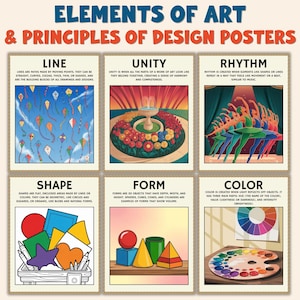 Könnte beinhalten: Ein Plakatsatz mit dem Titel "Elemente der Kunst & Designprinzipien" zeigt sechs Tafeln. Jede Tafel hat einen Titel und beschreibenden Text. Die Tafeln behandeln Linie, Einheit, Rhythmus, Form, Form und Farbe mit Illustrationen.