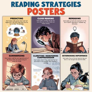 May include: A set of six educational posters titled "Reading Strategies Posters." Each poster illustrates a different reading strategy: Predicting, Close Reading, Rereading, Summarizing, Clarifying/Monitoring Comprehension, and Determining Importance. The posters feature illustrations of children reading.