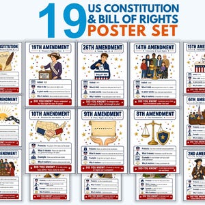 May include: A set of 19 educational posters detailing the US Constitution and Bill of Rights. Each poster features colorful illustrations, historical facts, and clear explanations of specific amendments, including the 2nd, 6th, 7th, 8th, 9th, 10th, 13th, 14th, 15th, 19th, and 26th.