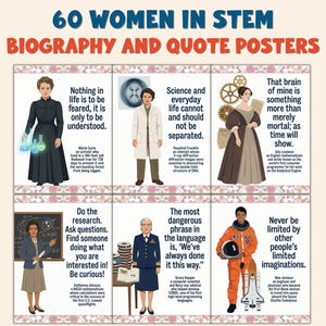 Könnte beinhalten: Ein Poster mit Illustrationen und Zitaten von 60 Frauen in MINT-Berufen. Das Poster enthält Porträts von Marie Curie, Rosalind Franklin, Ada Lovelace, Katherine Johnson, Grace Hopper und Mae Jemison sowie inspirierende Zitate.