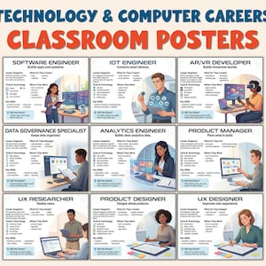 Peut inclure: Affiche de classe sur les « Carrières en technologie et informatique ». Chaque affiche présente un métier technologique tel qu'Ingénieur logiciel et Concepteur de produits, avec des illustrations et des informations.