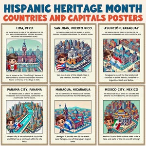 21 Hispanic Countries & Capitals Posters • Spanish Classroom Decor • Geography Bulletin Board • Flags Landmarks Bilingual Printables Set PDF