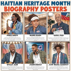 May include: A poster series for Haitian Heritage Month featuring illustrated portraits of notable figures. The poster includes the names of Jowee Omicil, Naomi Osaka, Raoul Peck, Wyclef Jean, Jason Derulo, and Jean-Michel Basquiat.