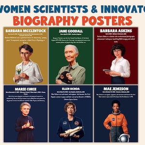 May include: A poster set featuring portraits of 42 women scientists and innovators. The top banner reads "42 Women Scientists & Innovators" and "Biography Posters." Six portraits are visible, each with the subject's name and brief biographical information.