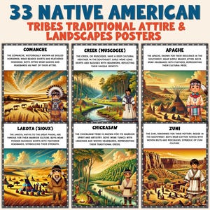 Pode incluir: Um conjunto de cartazes intitulado "33 Tribos Nativas Americanas, Traje Tradicional e Paisagens Posters". Cada cartaz apresenta ilustrações de tribos nativas americanas, incluindo os comanches, creek, apache, lakota, chickasaw e zuni, com descrições.