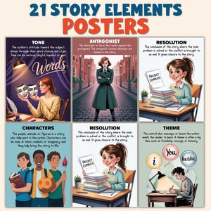 May include: Educational posters featuring 21 story elements. Each poster has a colorful illustration and text describing elements like tone, antagonist, resolution, characters, and theme. The title "21 STORY ELEMENTS POSTERS" is at the top.