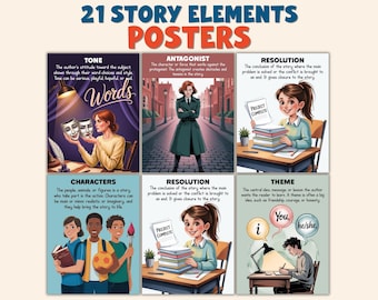 21 Story Elements Posters, Plot Diagram, ELA Classroom Decor, Printable Anchor Charts, Reading Writing, Bulletin Board, Digital Download