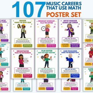 May include: A set of 107 Music Careers That Use Math posters featuring colorful illustrations of various professionals. Each poster includes a job title, a description of how math is applied in that role, and a Did You Know fact box.
