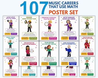 Music Careers That Use Math Posters, 107 Entertainment Jobs, Fractions in Music, Band Room Decor, Career Day Bulletin Board, Printable PDF