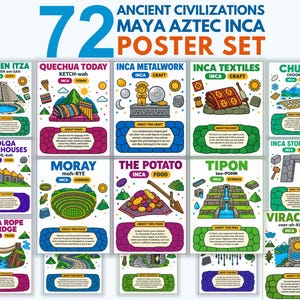 May include: A 72-poster set titled Ancient Civilizations Maya Aztec Inca featuring colorful educational illustrations. Each poster displays a specific topic like Chichen Itza, Quechua Today, Inca Metalwork, Textiles, Chuño, Qolqa, Moray, Potato, Tipon, Inca Stonework, Inca Rope Bridge, and Viracocha with descriptive text.
