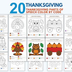 Può includere: Una raccolta di 20 schede didattiche da colorare in base a un codice a tema Ringraziamento, incentrate sulle parti del discorso. Le pagine presentano illustrazioni in bianco e nero di tacchini, gufi, zucche e raccolti con legenda.