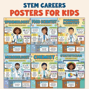 Może przedstawiać: Kolorowy zestaw plakatów zatytułowany "STEM Careers Posters for Kids". Plakat przedstawia sześć różnych dziedzin kariery STEM: Epidemiolog, Naukowiec żywności, Naukowiec sądowy, Mikrobiolog, Chemik i Statystyk. Każdy plakat zawiera ilustracje i tekst.