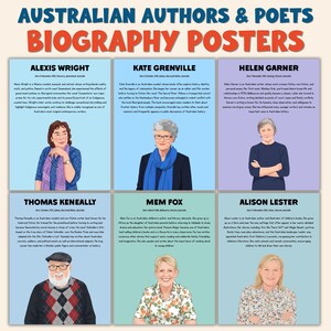 Könnte beinhalten: Ein Poster mit sechs australischen Autoren und Dichtern mit ihren Biografien. Das Poster enthält Porträts von Alexis Wright, Kate Grenville, Helen Garner, Thomas Keneally, Mem Fox und Alison Lester mit Texten über ihr Leben und ihre Werke.