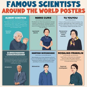 Peut inclure: Une affiche présentant des portraits de six scientifiques célèbres : Albert Einstein, Marie Curie, Tu Youyou, Subrahmanyan Chandrasekhar, Maryam Mirzakhani et Rosalind Franklin. Chaque portrait est accompagné d'informations biographiques.